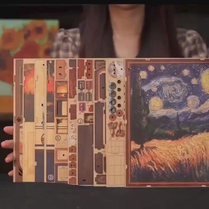 Video showing the Art Workshop Book Nook by Lubiwood, a DIY wooden miniature kit with a cozy artist studio scene for a bookshelf.