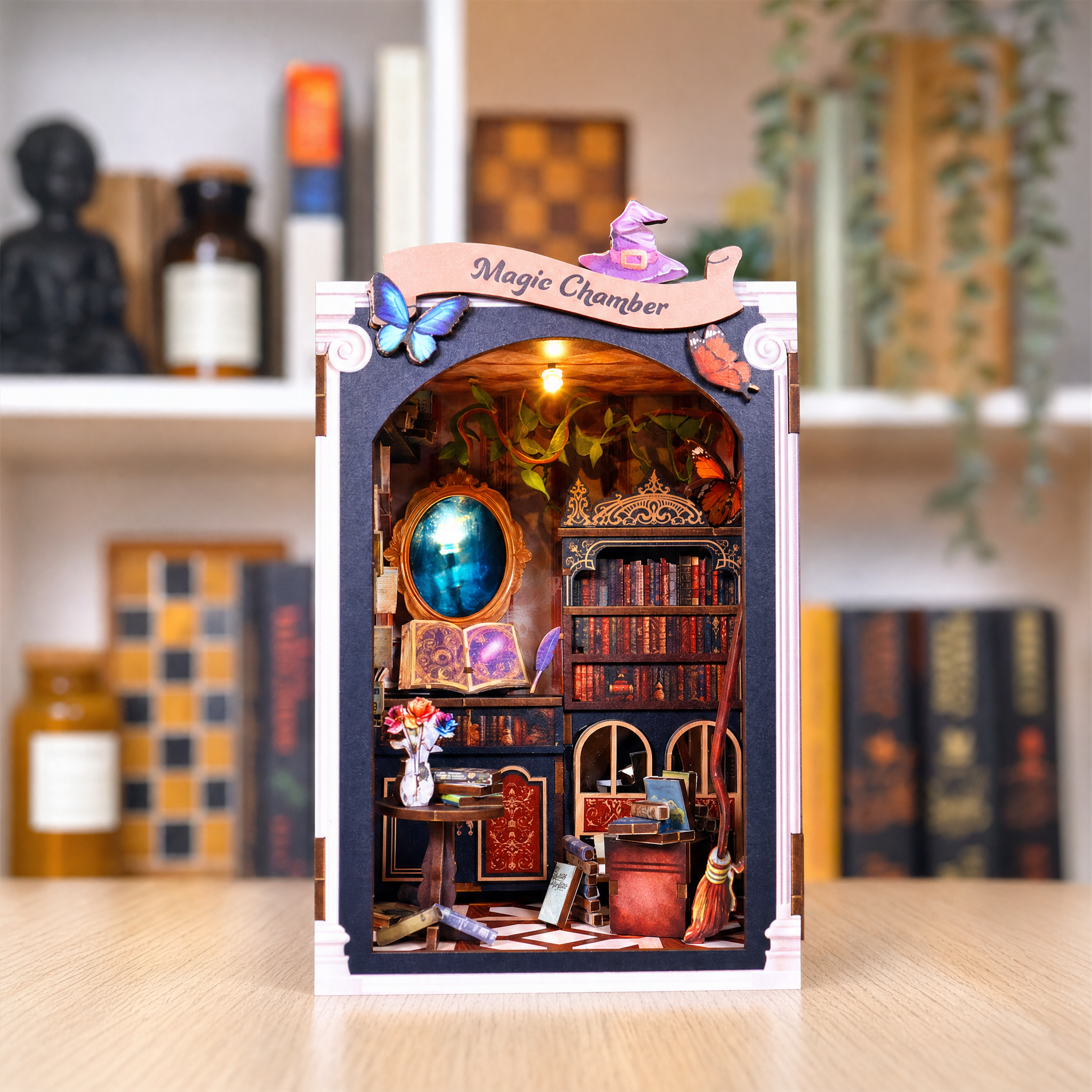 Video showing the Magic Chamber Book Nook by Lubiwood, a DIY wooden miniature kit with a magical fantasy room scene for a bookshelf.